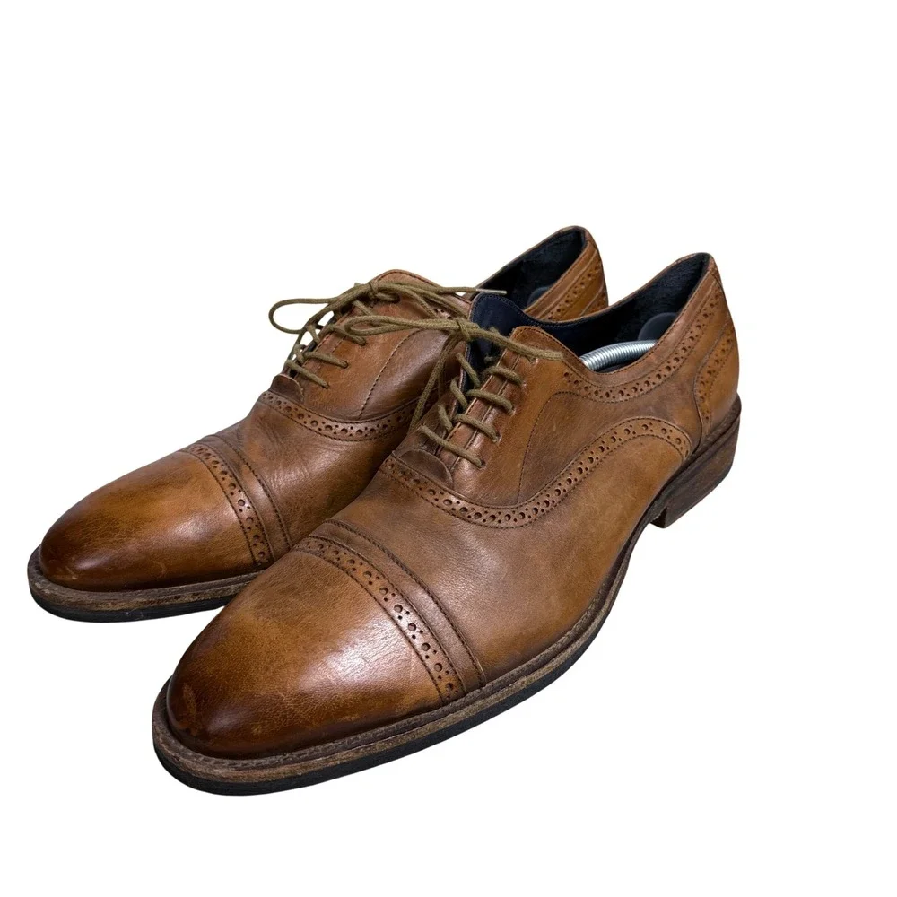 Messico Oxford Shoes Mens 10.5 Tan Leather Brogue Cap Toe Lace Up Formal Dress